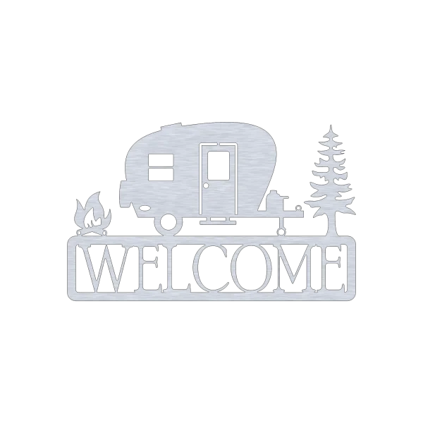 A laser-cut aluminum wall sign featuring a camper trailer, a campfire on the right, and an evergreen tree on the left. Below these elements, the word 'WELCOME' is prominently displayed in bold, capital letters. The entire piece has a rustic, metallic finish set against a black background, showcasing its intricate cutout design.